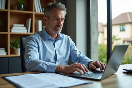 Homme d'affaires en bureau moderne examine des documents immobiliers