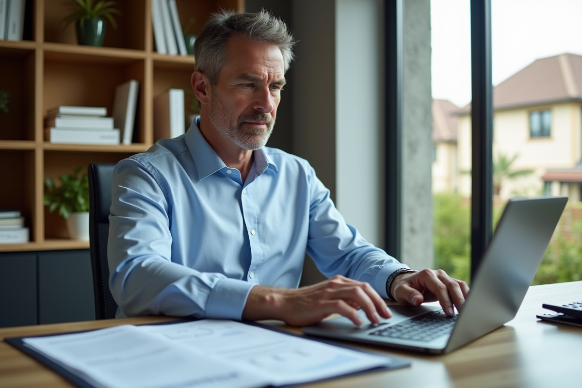 Homme d'affaires en bureau moderne examine des documents immobiliers