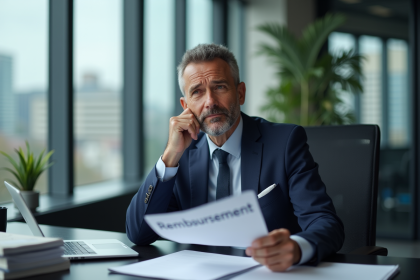 Homme d'affaires en costume bleu avec document remboursement