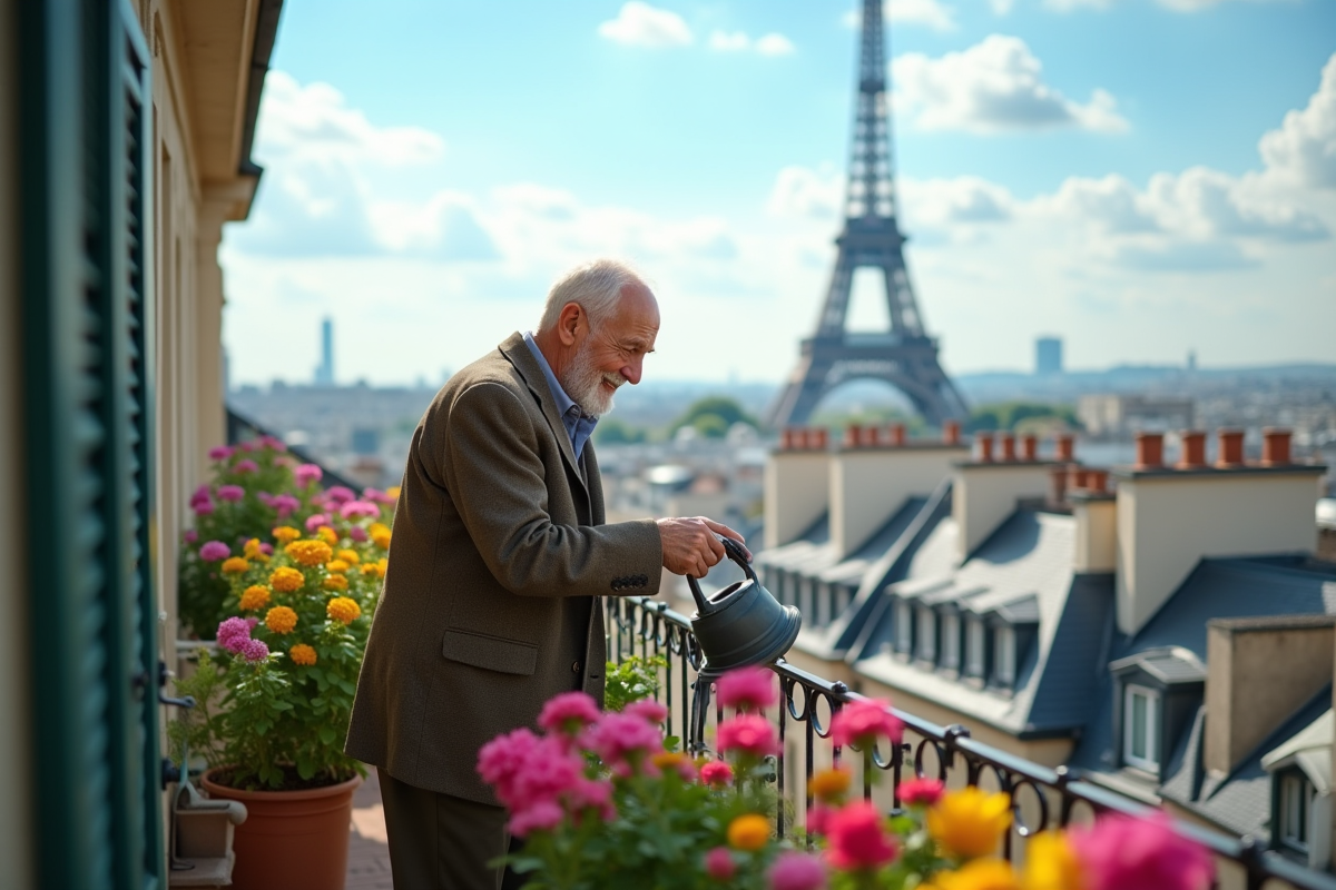 Homme agee arrosant ses fleurs sur un balcon parisien