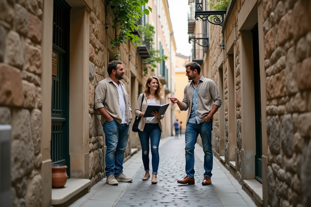 Homme montrant détails architecturaux à un couple dans la rue