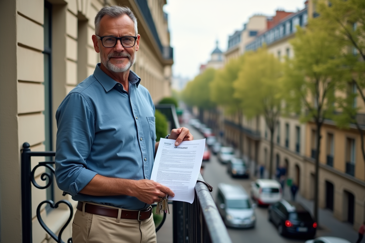 Homme avec clés et contrat sur un balcon parisien