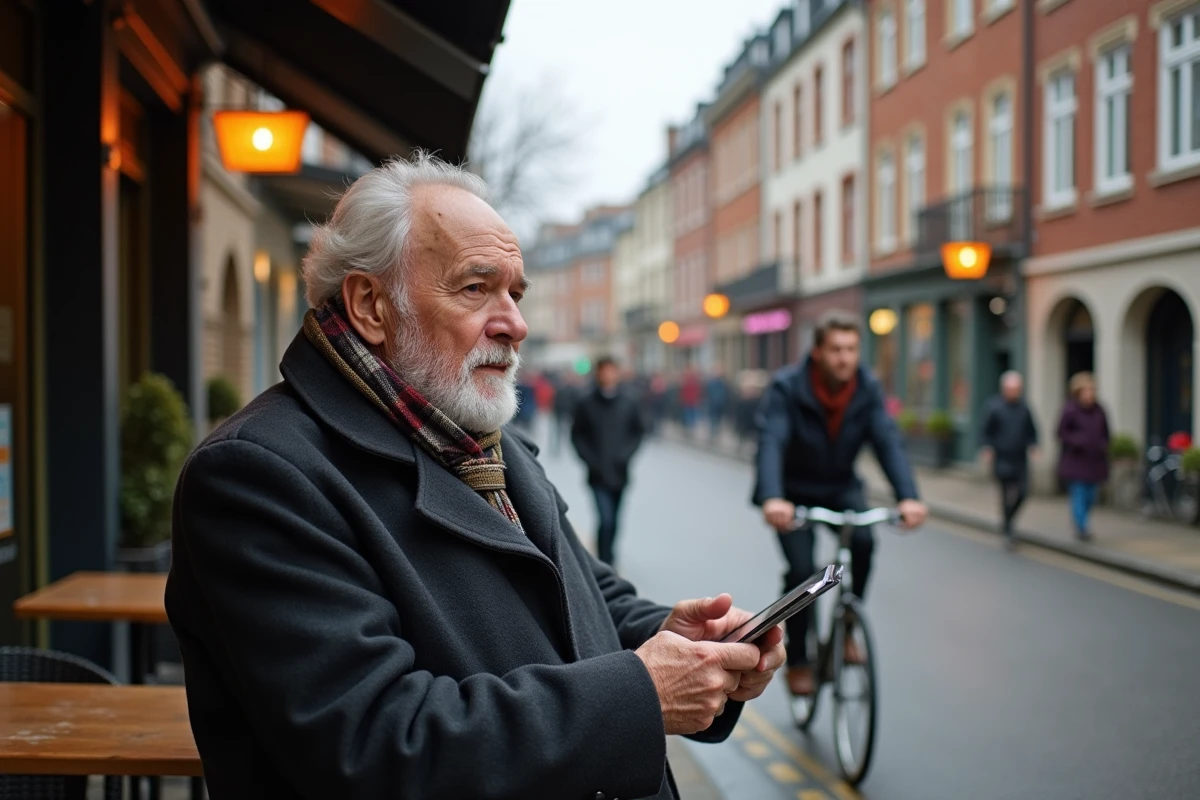 Homme &acirc;g&eacute; avec tablette sur une terrasse de caf&eacute; &agrave; Nogent sur Marne