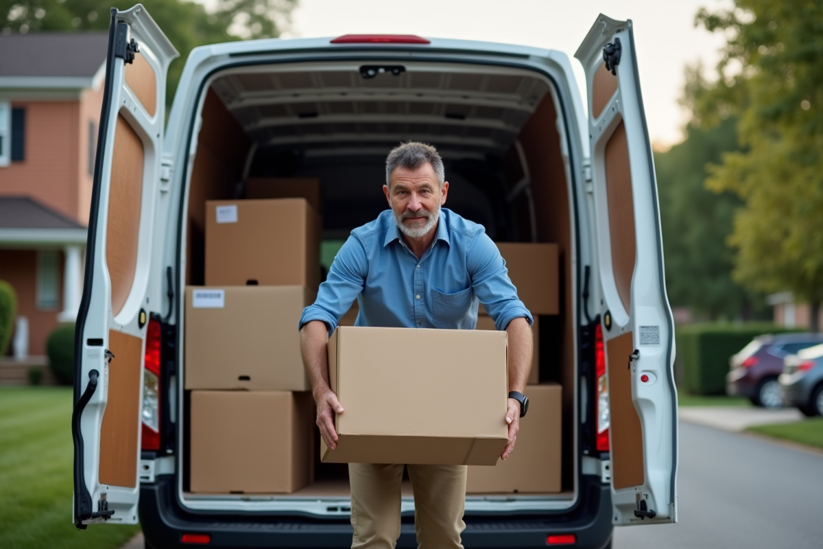 Homme chargé des cartons dans une rue calme pour déménagement