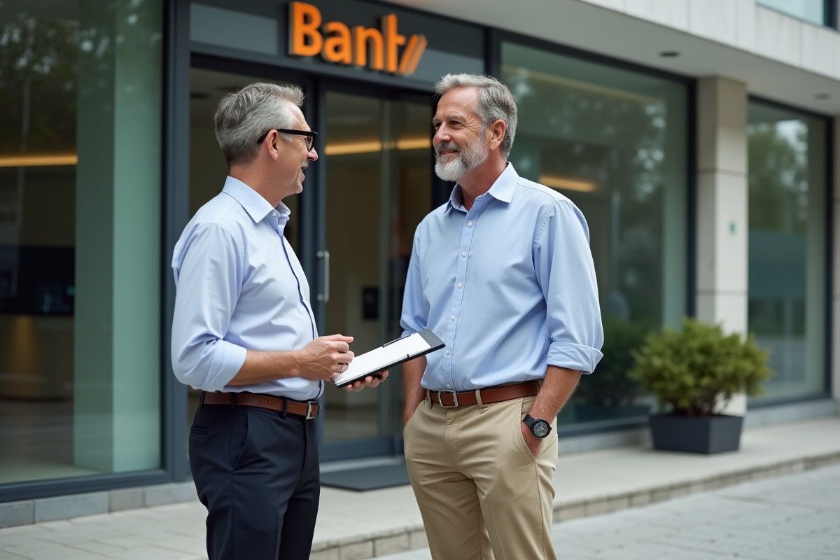 Homme discutant avec conseiller bancaire devant une banque moderne