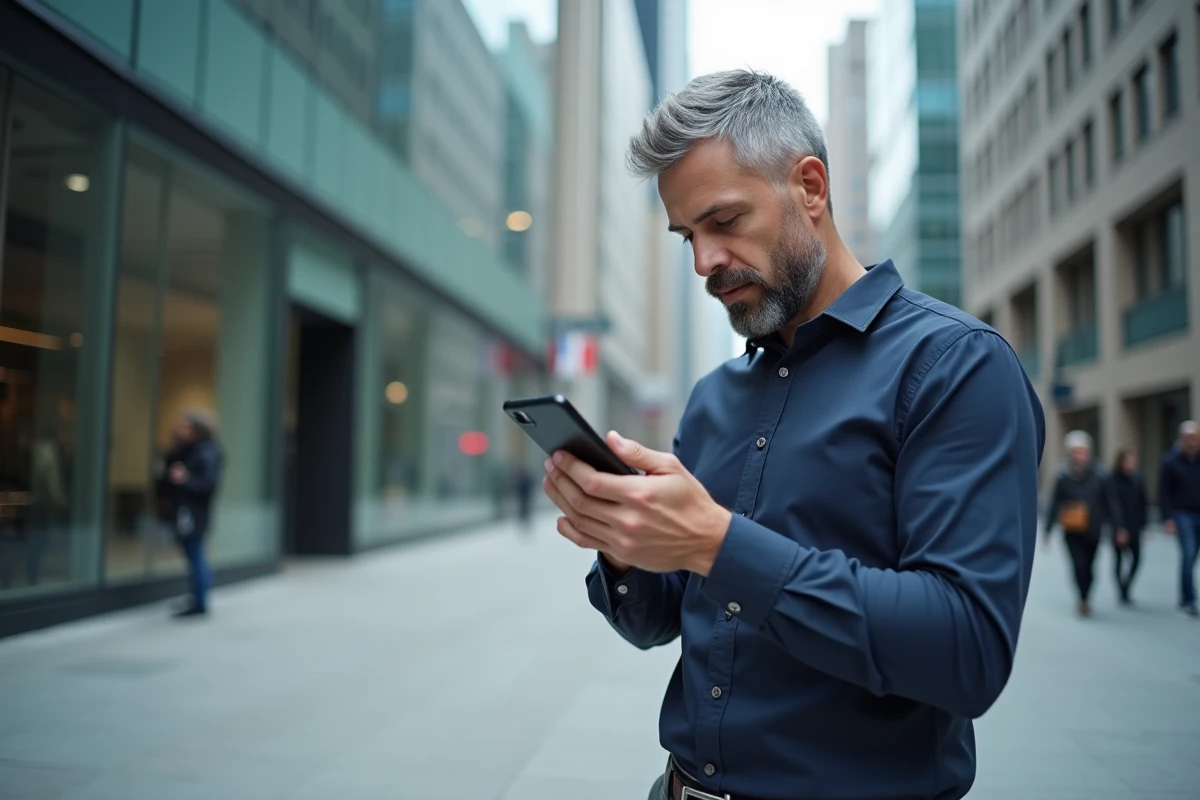 Homme consultant la plateforme In li sur mobile en extérieur dans un quartier d'affaires urbain