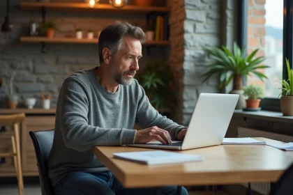 Homme concentr&eacute; sur son ordinateur pour estimer un bien immobilier