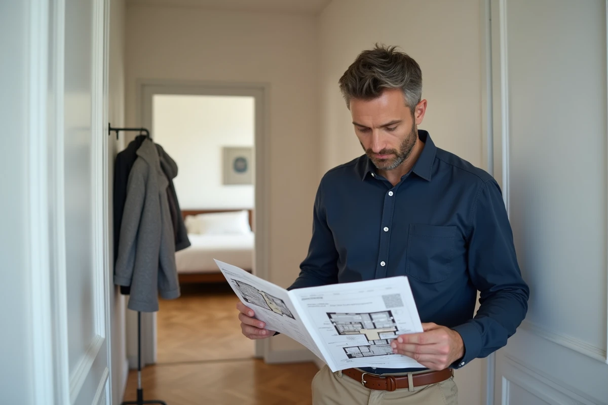 Homme étudiant un plan de T3 ou F3 dans le couloir d'un appartement lors d'une visite immobilière