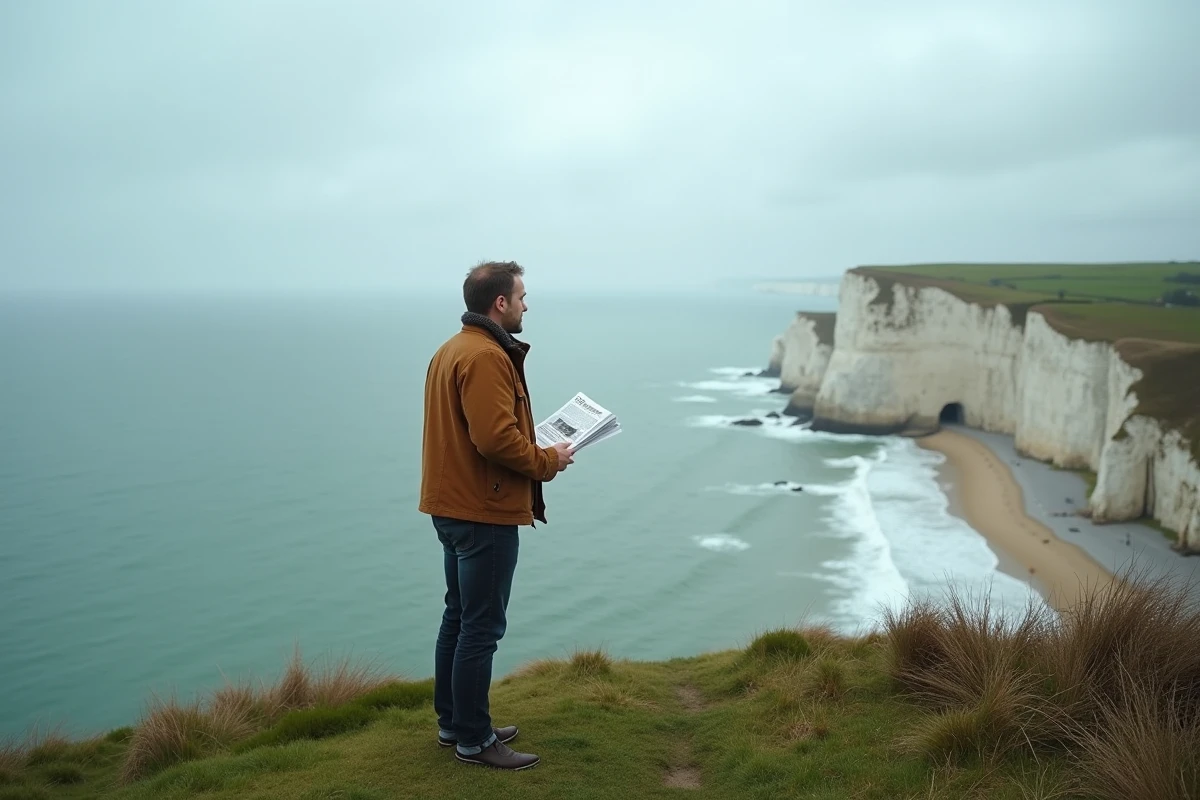 Homme sur les falaises normandes tenant une brochure immobilière face à la mer