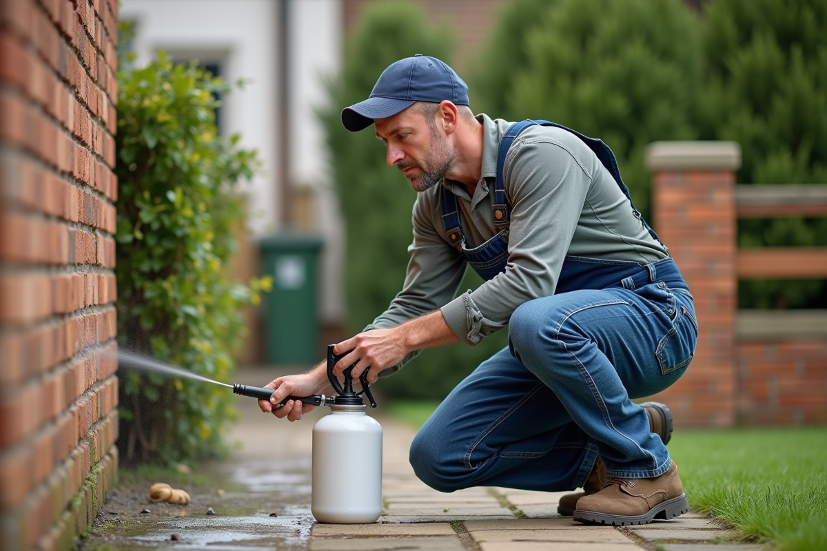 Homme en overalls appliquant hydrofuge sur un mur en briques