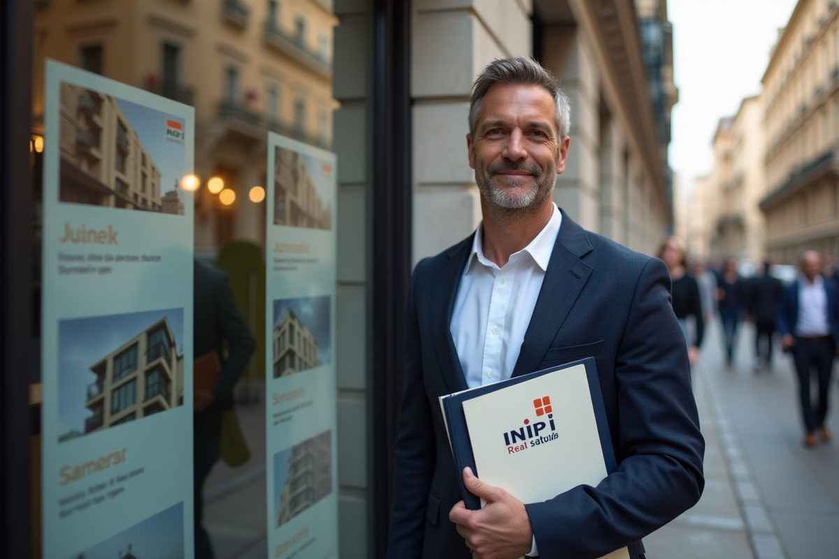 Homme d affaires devant une agence immobiliere en ville