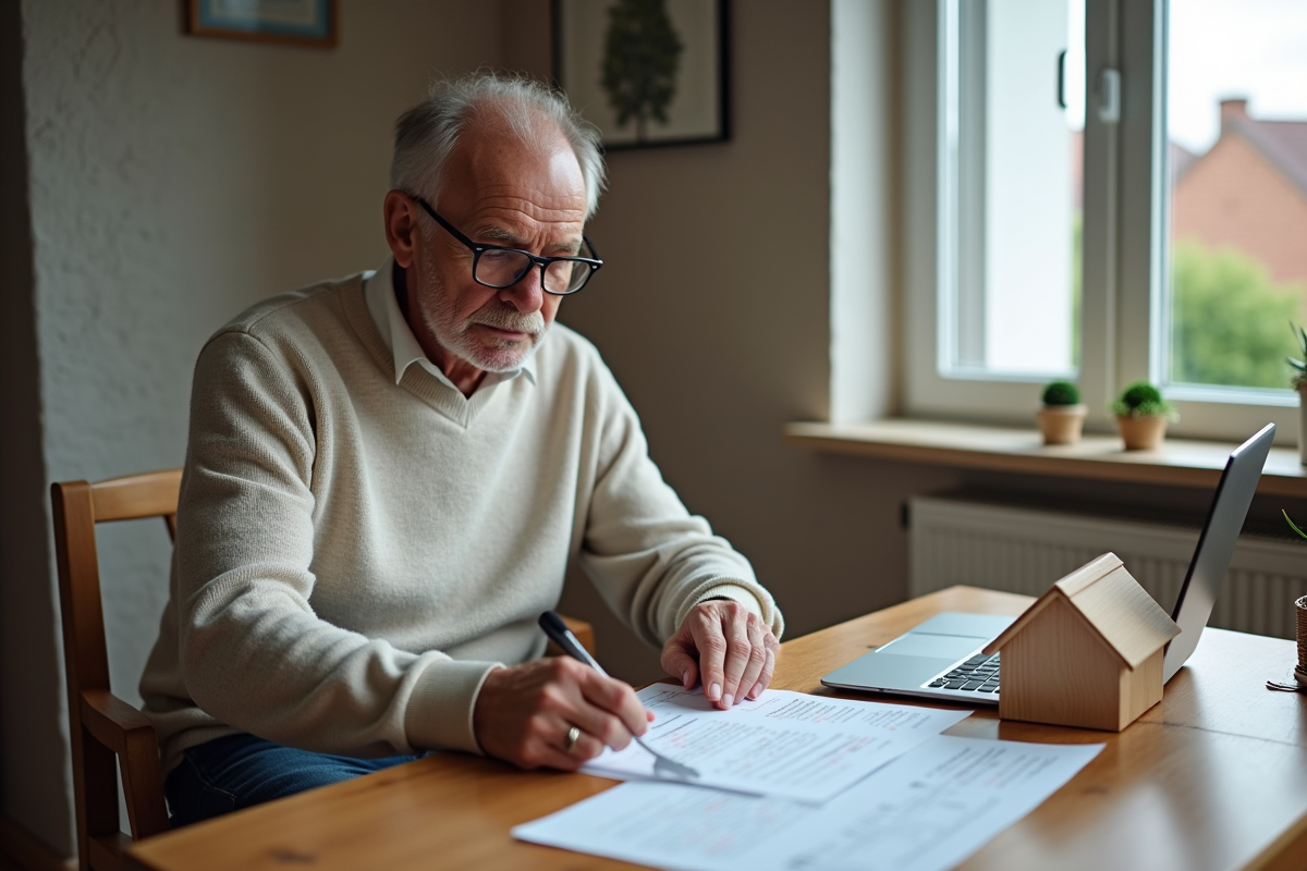 Homme âgé examinant des documents dans un intérieur domestique