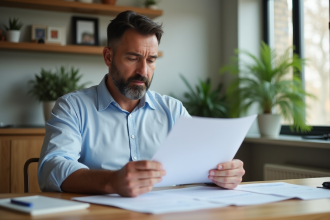 Homme d'âge moyen lisant des documents officiels dans un intérieur lumineux