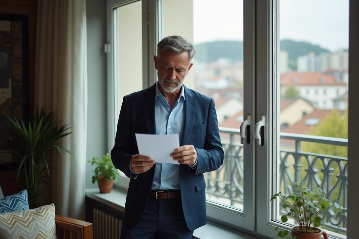 Homme lisant une lettre dans un int&eacute;rieur urbain &eacute;l&eacute;gant