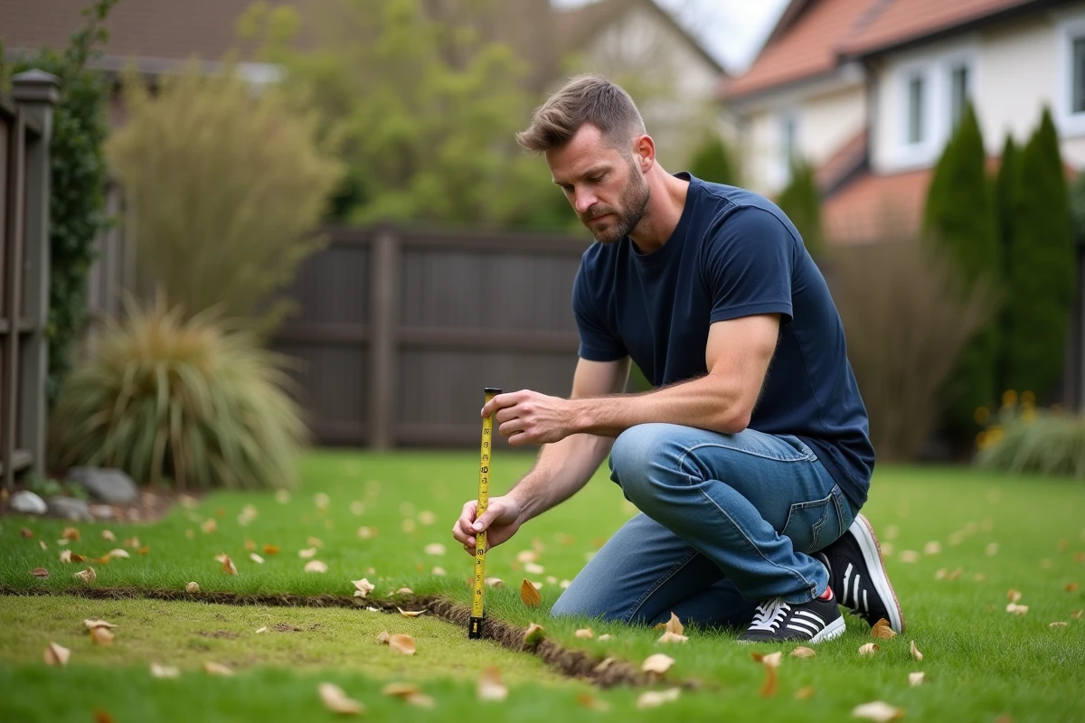 Homme mesurant un terrain dans un jardin résidentiel