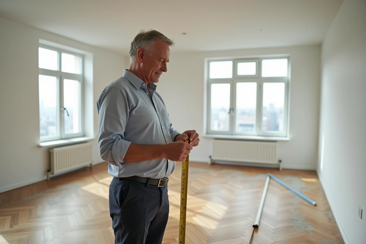 Homme mesure une pièce dans un appartement vide