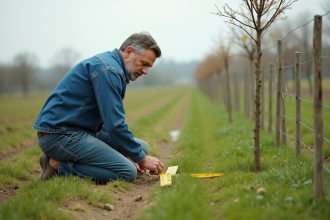Homme mesurant une parcelle de terrain rural en plein air