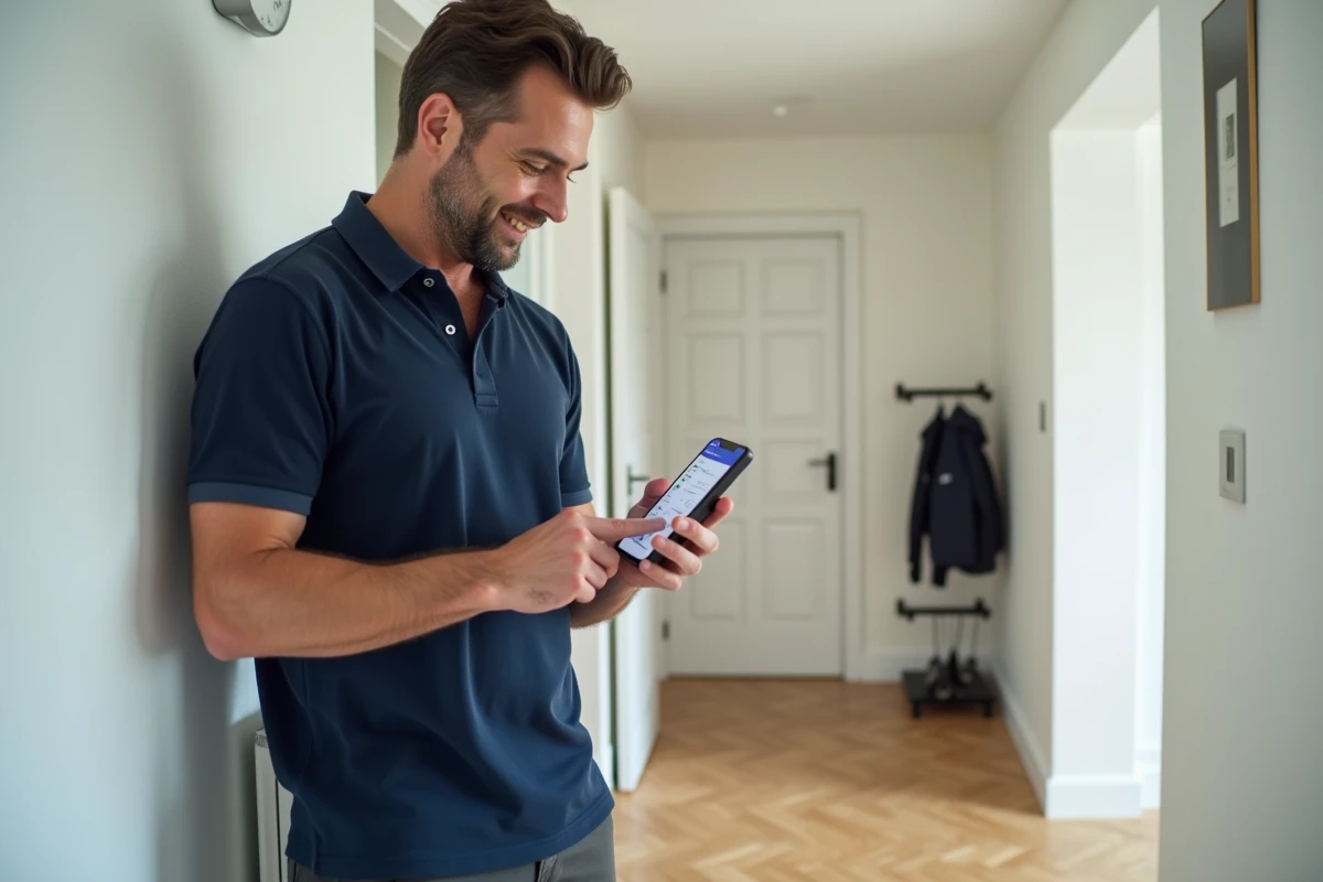 Homme accédant à son compte MyFoncia depuis son application mobile dans un appartement moderne