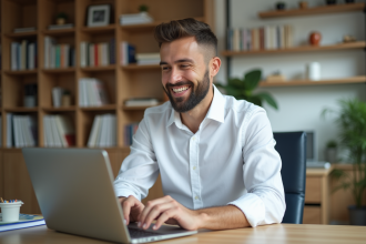Homme souriant utilisant un calculateur de prêt sur son ordinateur
