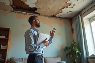 Homme d'âge moyen montrant un plafond endommagé par l'eau
