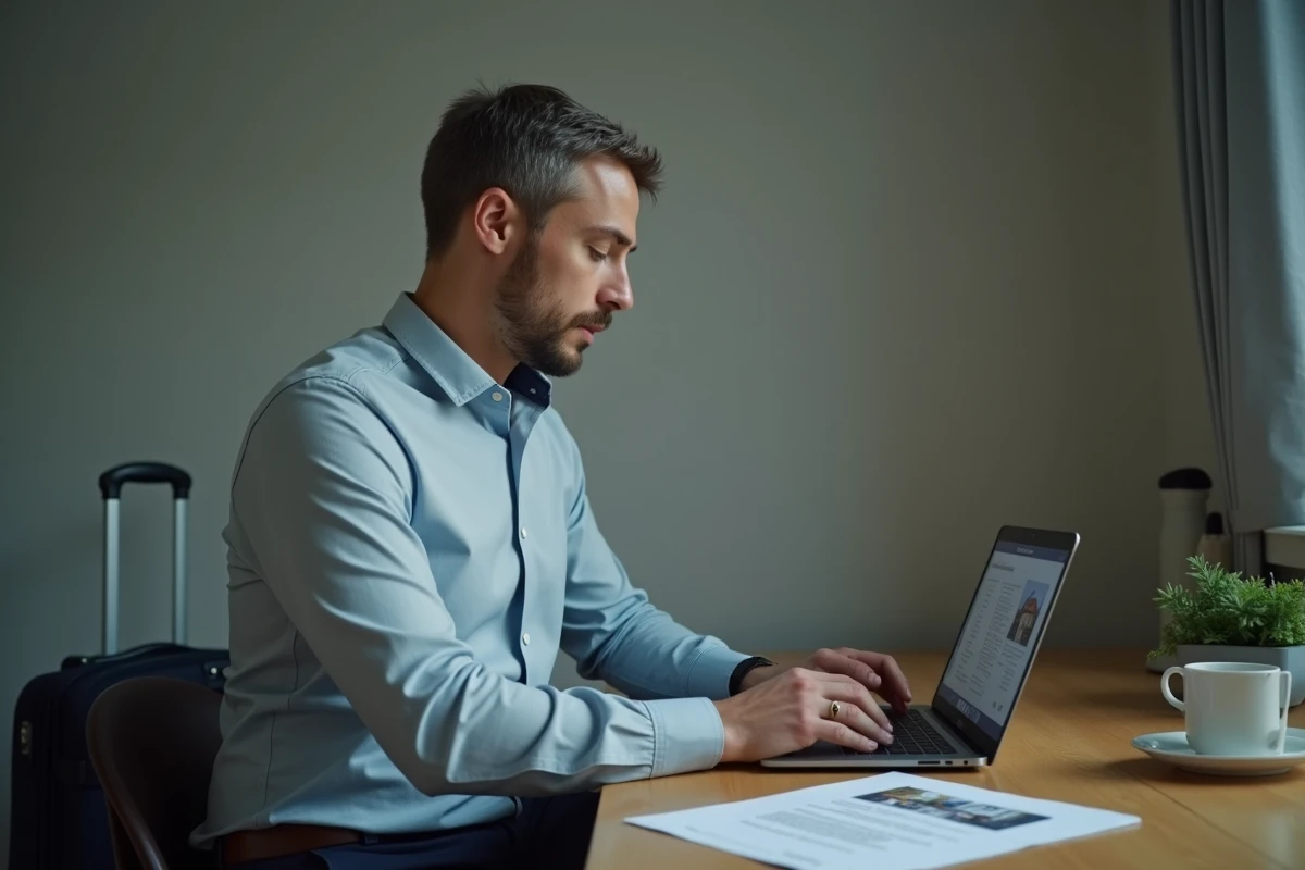 Homme en mutation professionnelle recherchant un logement sur son ordinateur portable avec des documents immobiliers
