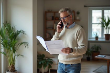 Homme d'âge moyen parlant au téléphone dans un salon lumineux