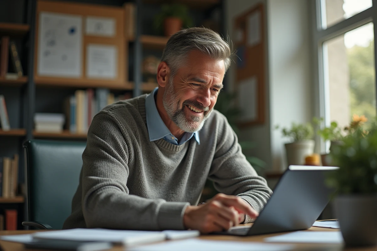Homme souriant utilisant une tablette dans un bureau lumineux