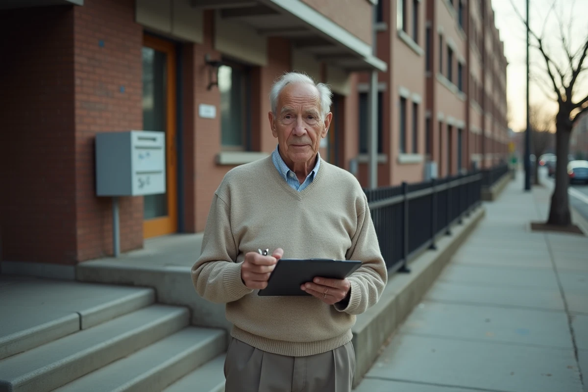 Homme âgé avec clés devant un immeuble vacant