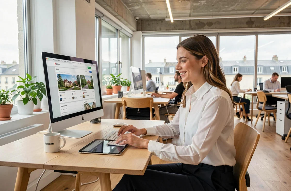 Conseillère immobilière Hosman travaillant sur des annonces de vente dans un espace de travail moderne et épuré