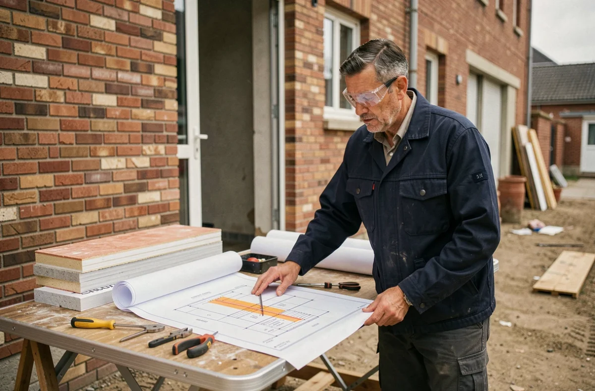 Artisan d'ICEM Rénovation étudiant un plan d'isolation thermique sur un chantier de rénovation globale à Montreuil
