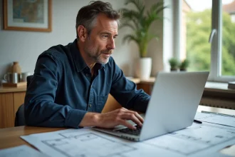 Inspecteur immobilier étudiant un plan sur son ordinateur portable