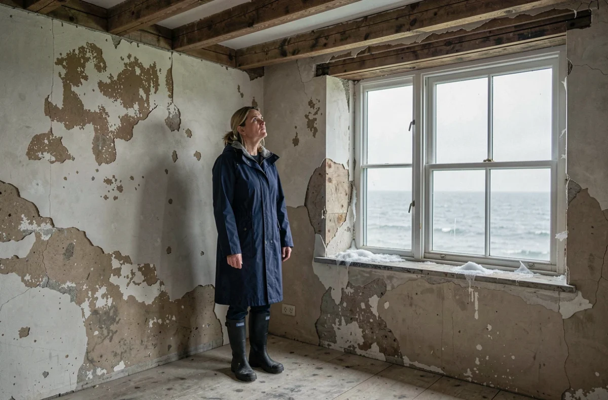 Femme inspectant les défauts d'humidité d'une maison normande en bord de mer avant achat