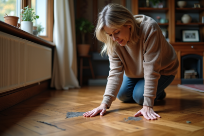 Femme inspectant un parquet us&eacute; dans son salon