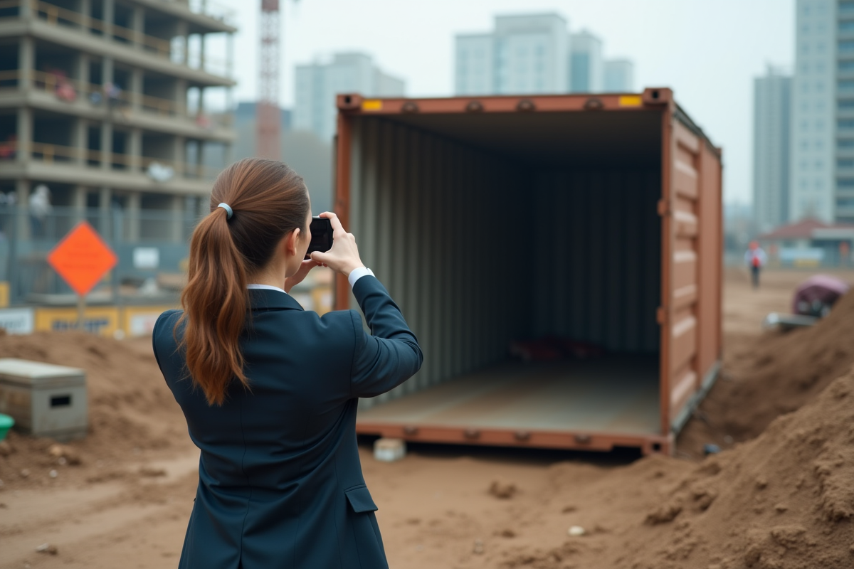 Inspectrice photographiant un conteneur à outils vide sur le chantier