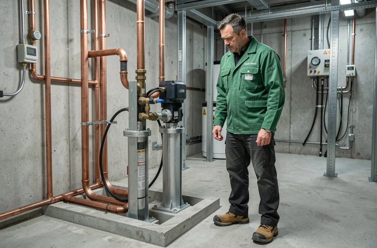 Installateur RGE géothermie supervisant la pose d'une pompe à chaleur géothermique dans un immeuble à Saint-Denis