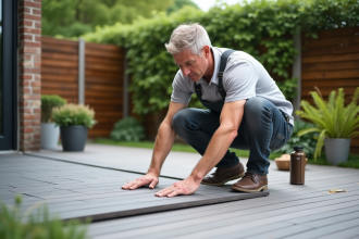 Homme posant des dalles de terrasse en composite extérieur