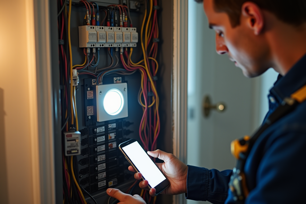 Électricien installant appareils connectés dans le panneau électrique