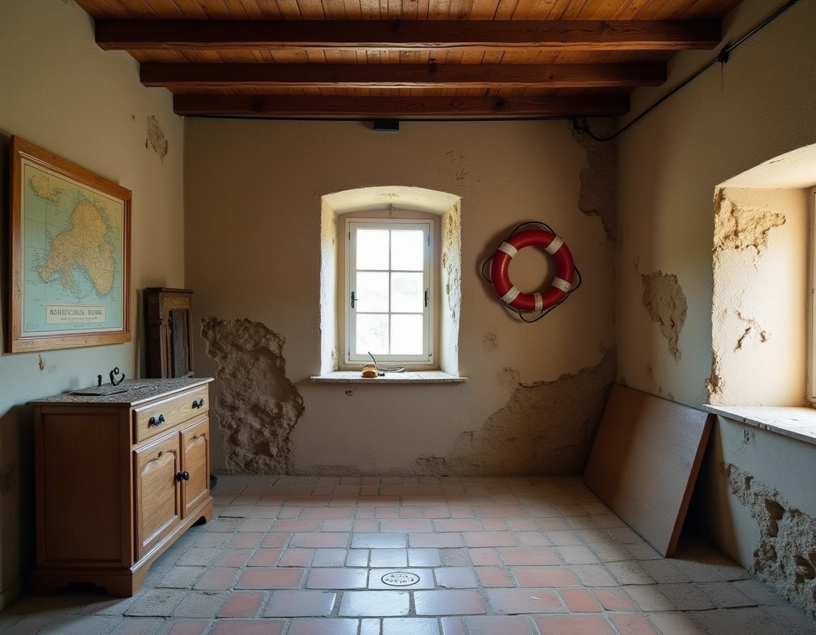 Intérieur rustique d'une maison de pêcheur à rénover avec murs en pierre et poutres en bois