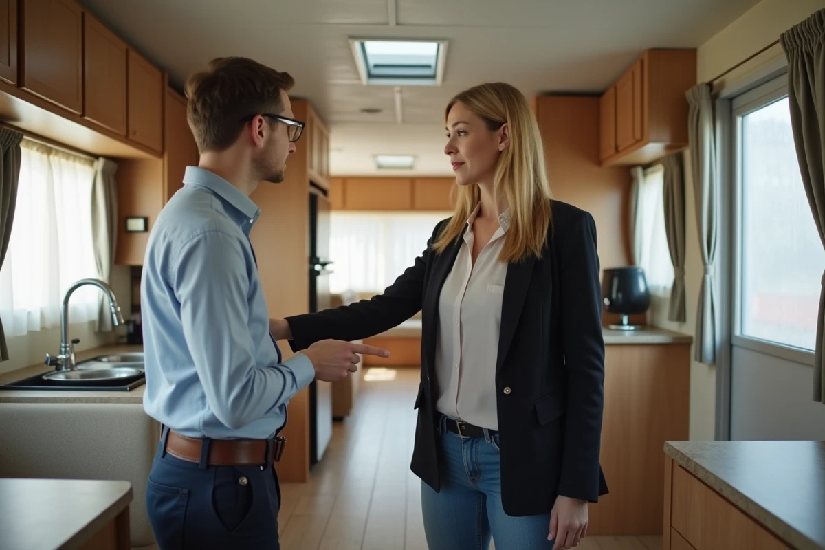 Agent immobilier présentant l'intérieur d'un mobil home d'occasion à un acheteur potentiel en camping
