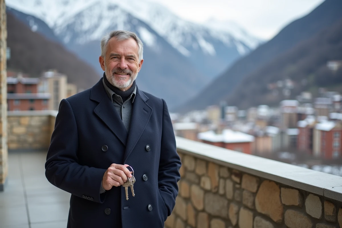 Homme d'affaires français tenant les clés de son appartement en Andorre avec vue panoramique sur Andorra la Vella