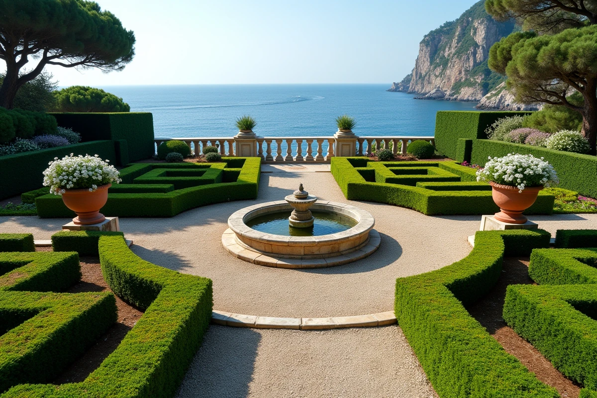 Jardins formels à la française de la Villa Leopolda avec fontaine en pierre et vue panoramique sur la mer