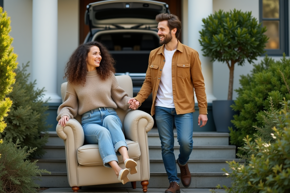 Jeune couple heureux portant un vieux fauteuil dehors