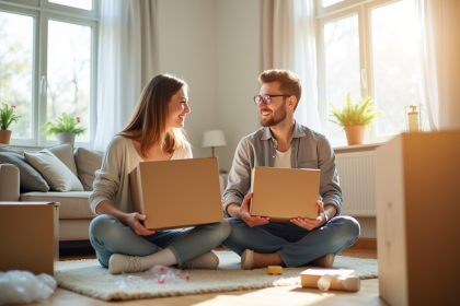 Jeune couple heureux préparant leur déménagement dans un salon lumineux
