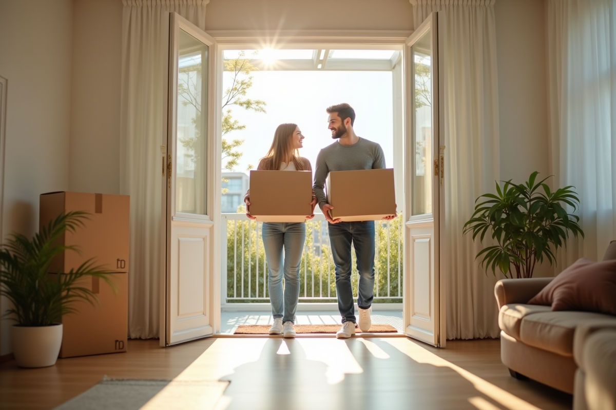 Jeune couple heureux emmenageant dans un appartement lumineux