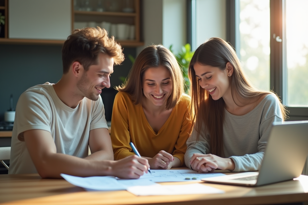 Jeune couple à la cuisine examinant des documents financiers