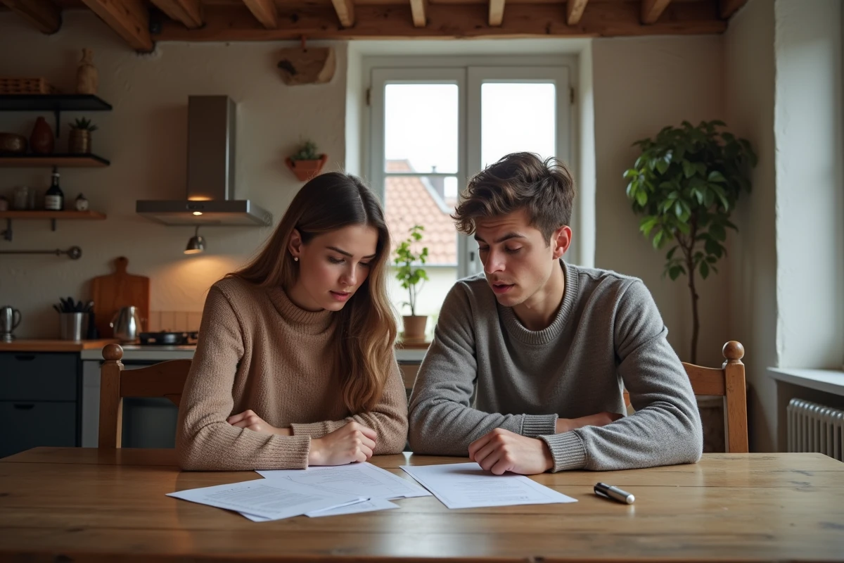 Jeune couple examinant des documents de location dans un appartement