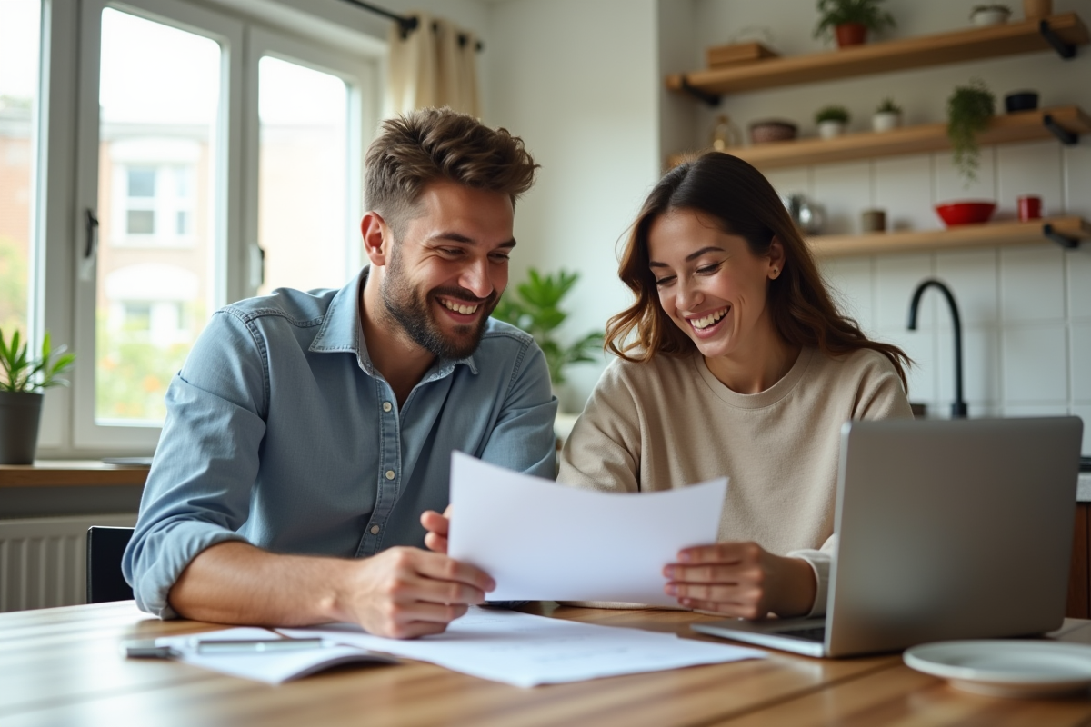 Jeune couple souriant devant un document d'évaluation immobilière