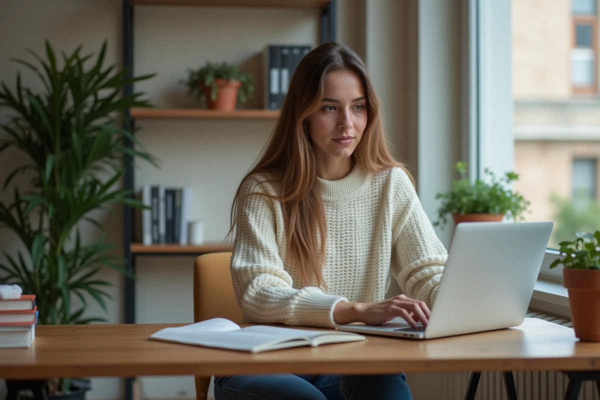 Jeune femme au bureau dans un appartement cosy