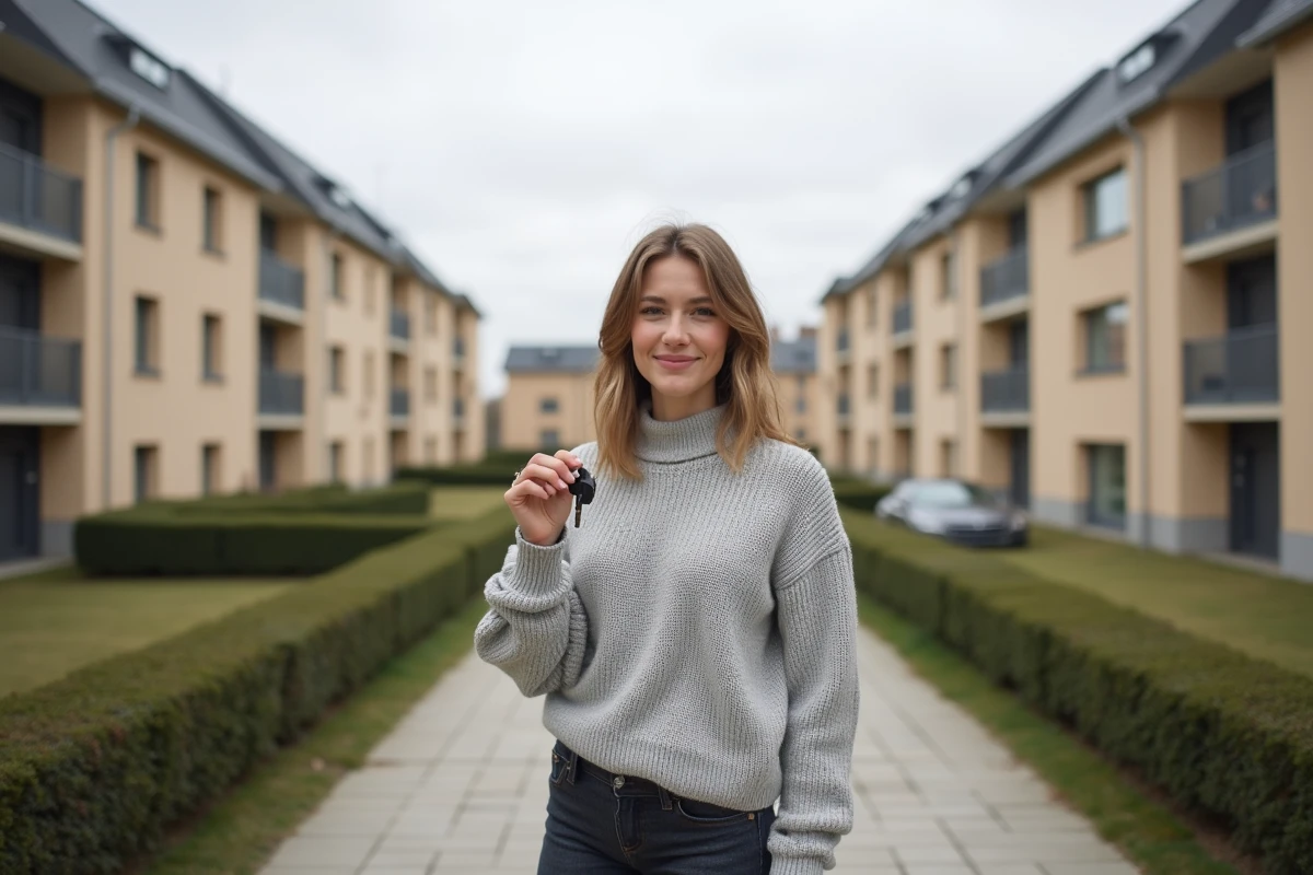Jeune femme locataire HLM tenant ses clés devant un immeuble de logement social à Toulouse dans le cadre du PSLA