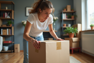 Jeune femme scellant une boîte de déménagement dans un appartement